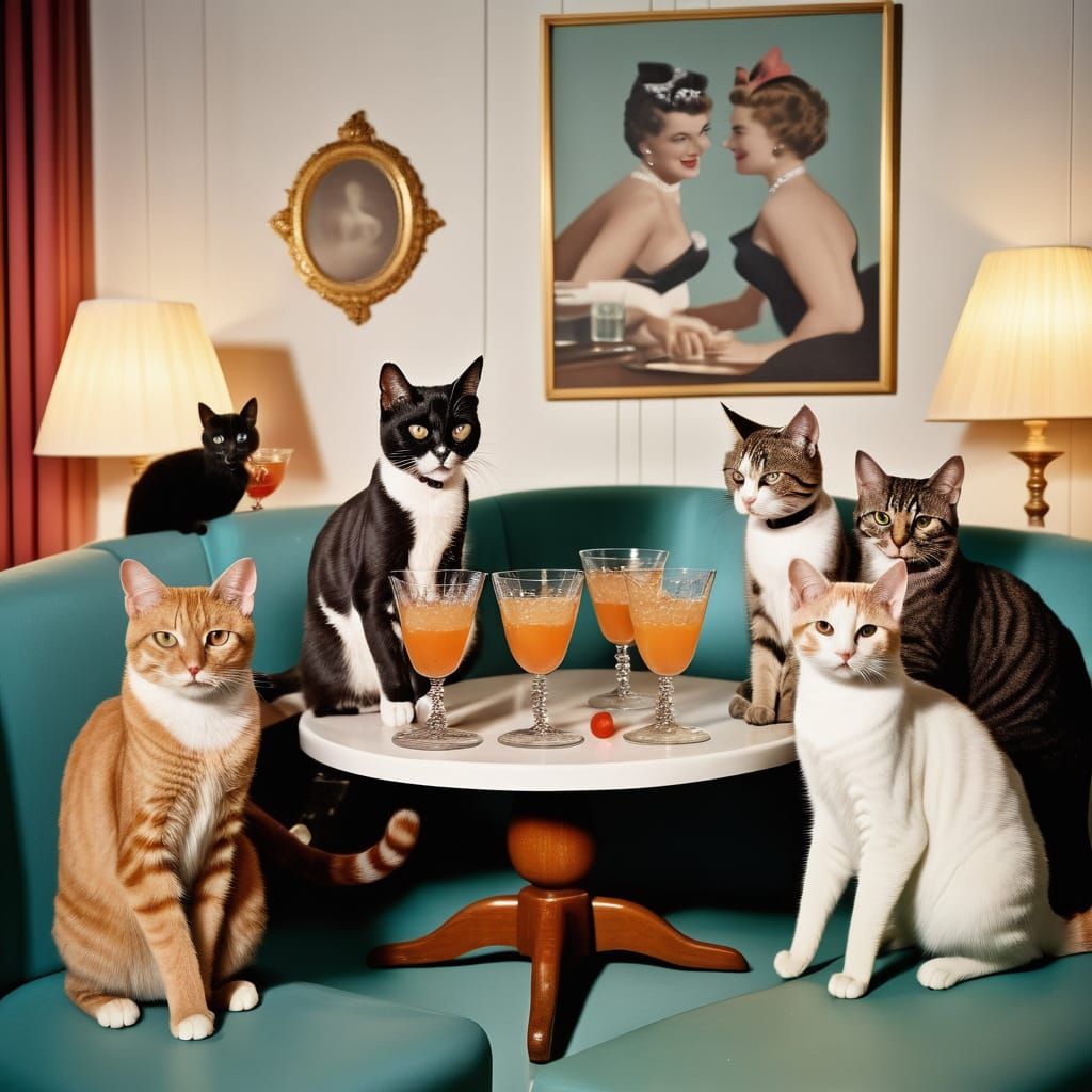 Cats Enjoy Cocktail Party in Retro 1950s Living Room
