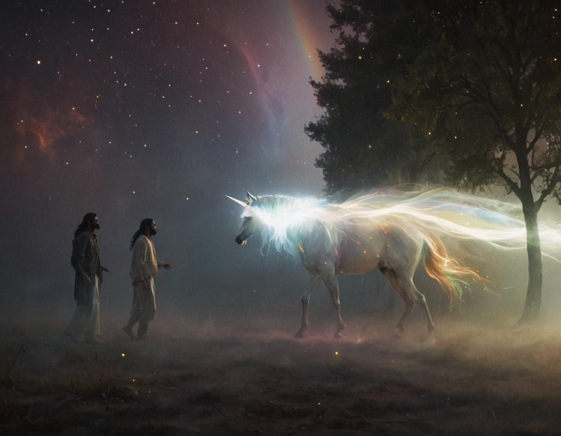 Djinn Jesus with Fiery Unicorn in Surreal Oil Painting