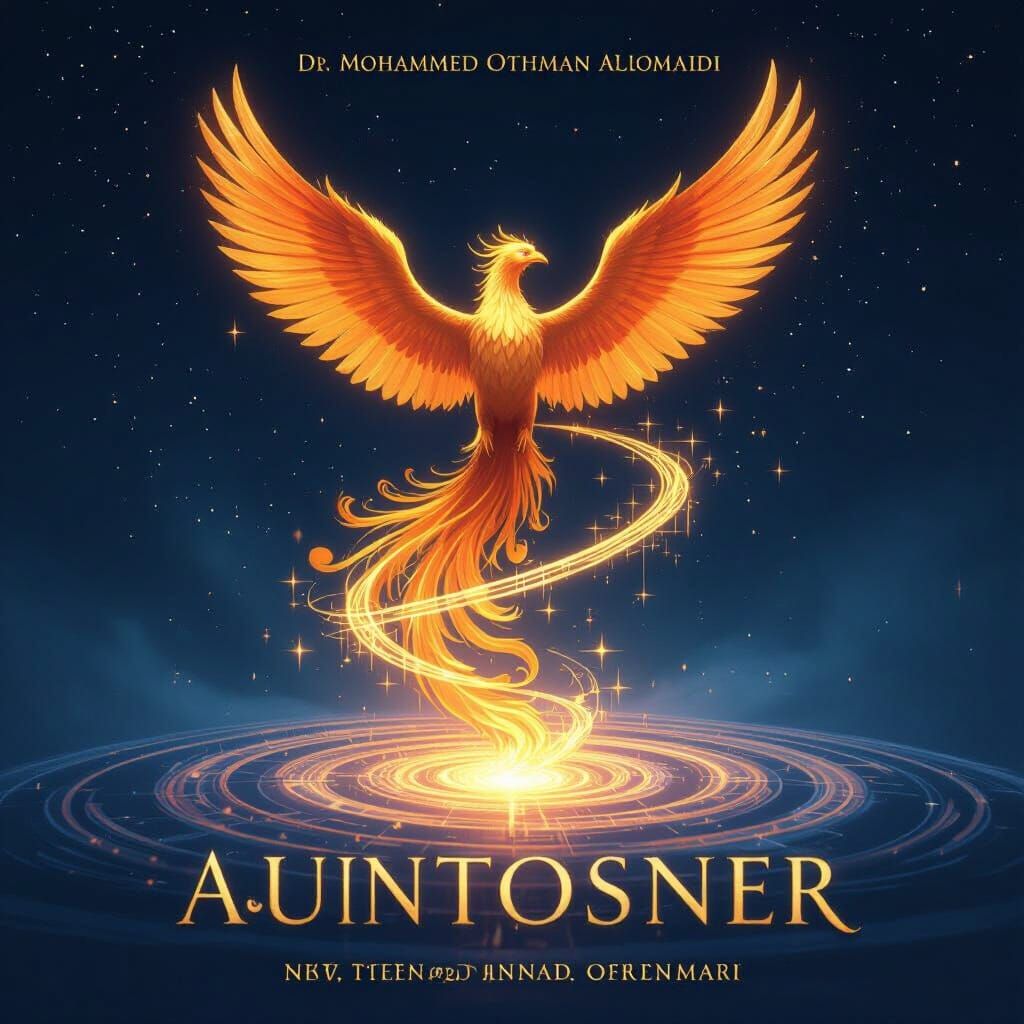 Golden Phoenix Rises on Cosmic Book Cover in 3D Anime Style