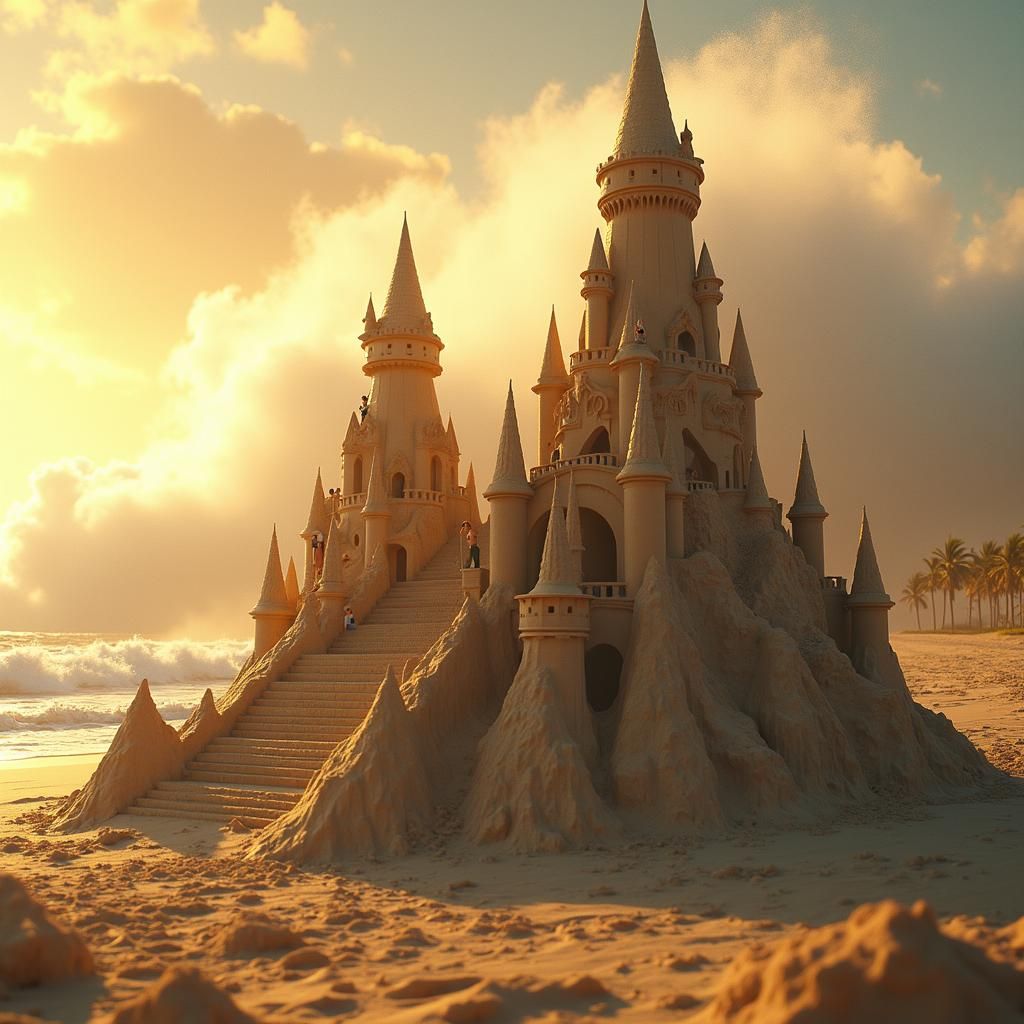 Miniature People In Giant Sandcastle at Golden Hour