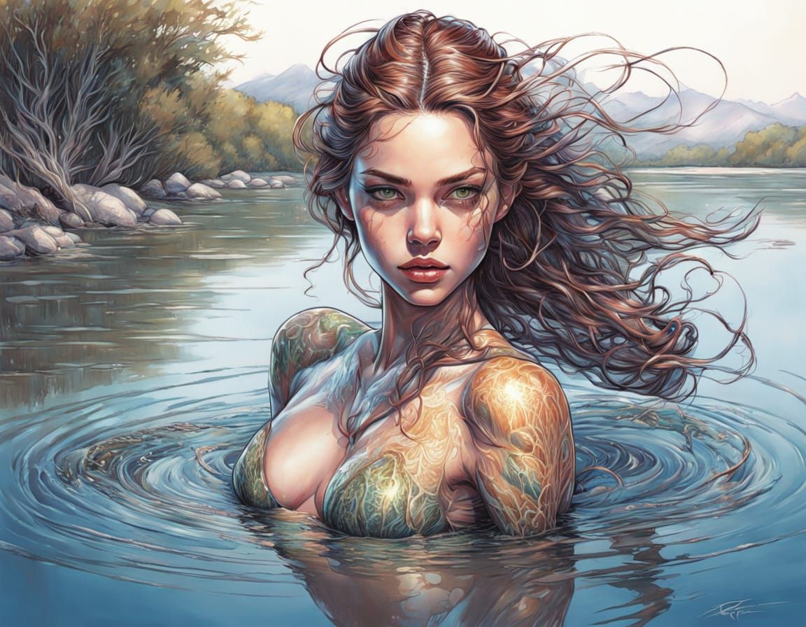 Water Nymph Emerging from Lake in Vibrant Colored Pencil Sty...