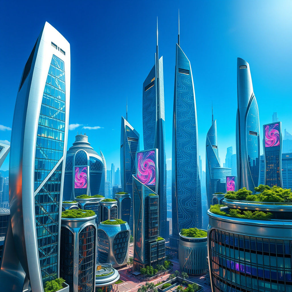 Cyberpunk Cityscape in Shimmering Glass and Metal