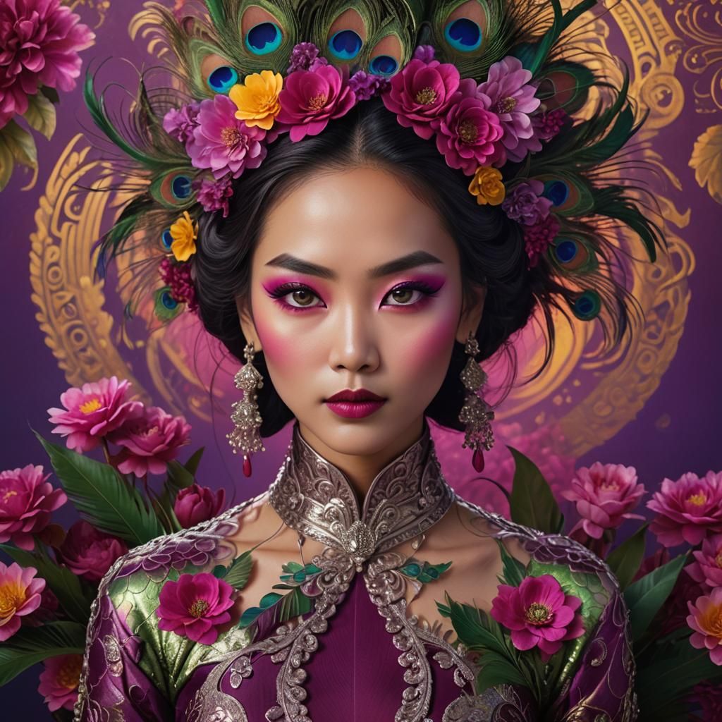 Surreal Asian Woman Portrait with Peacock Feathers