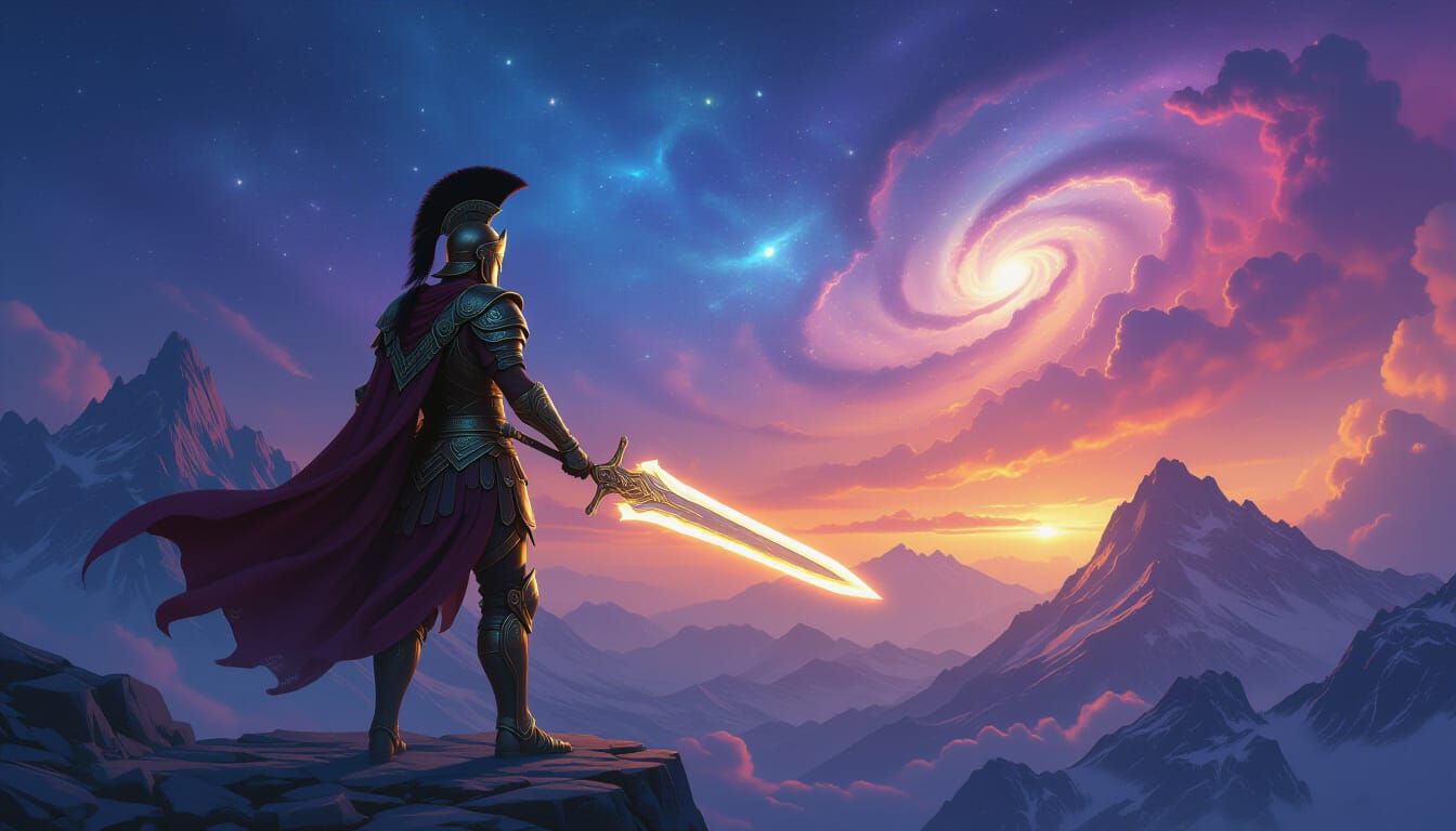 Epic Warrior on Mountain Peak with Ethereal Sword