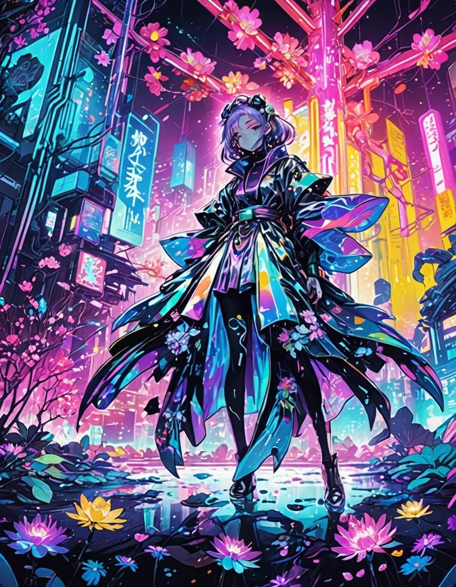 Cyberpunk Anime Character in Neon Fantasy World