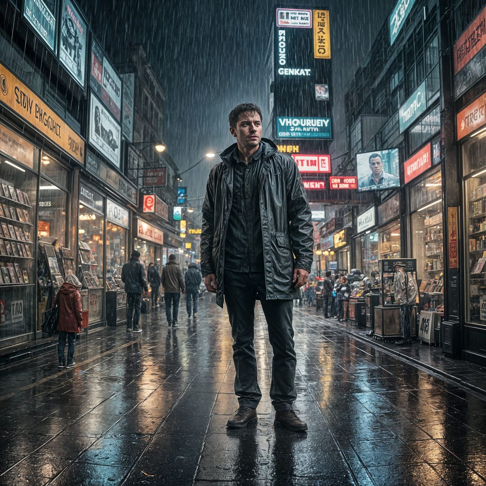 Hyperrealistic Man in Rainy Cityscape with TV Reflection