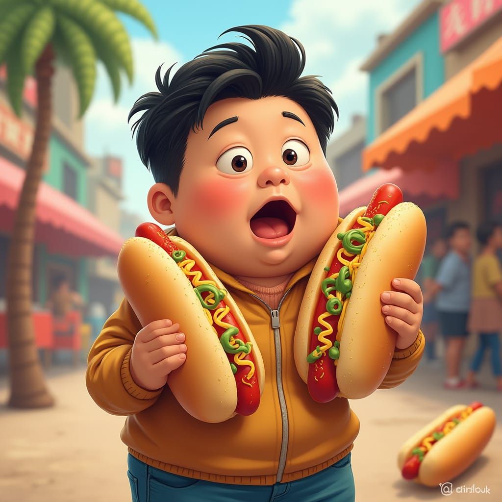 Whimsical Asian Boy Eating Hotdog, Fantastical Realism
