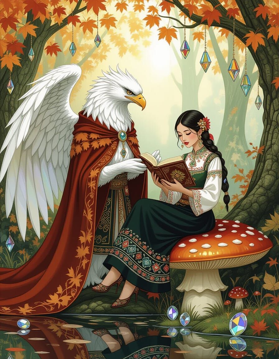 Griffin Guarding Hmong Lady Reading Book in Grove