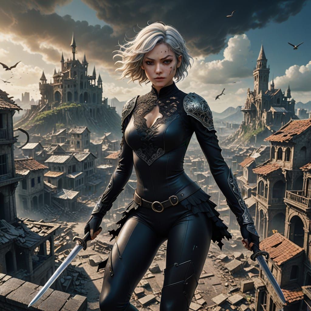 Anime-Inspired Warrior Leaping Through Ruins