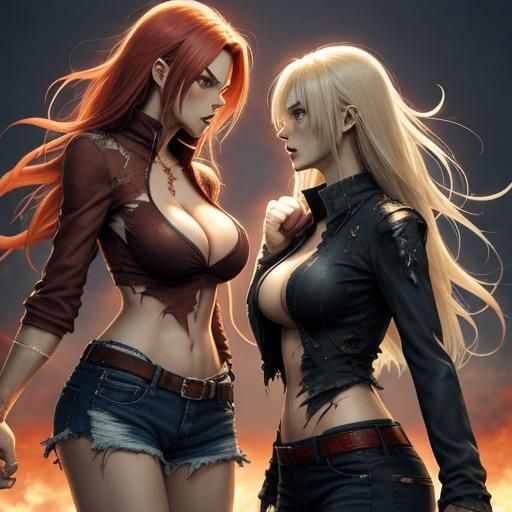 Anime Women in Angry Staredown, Fists Raised