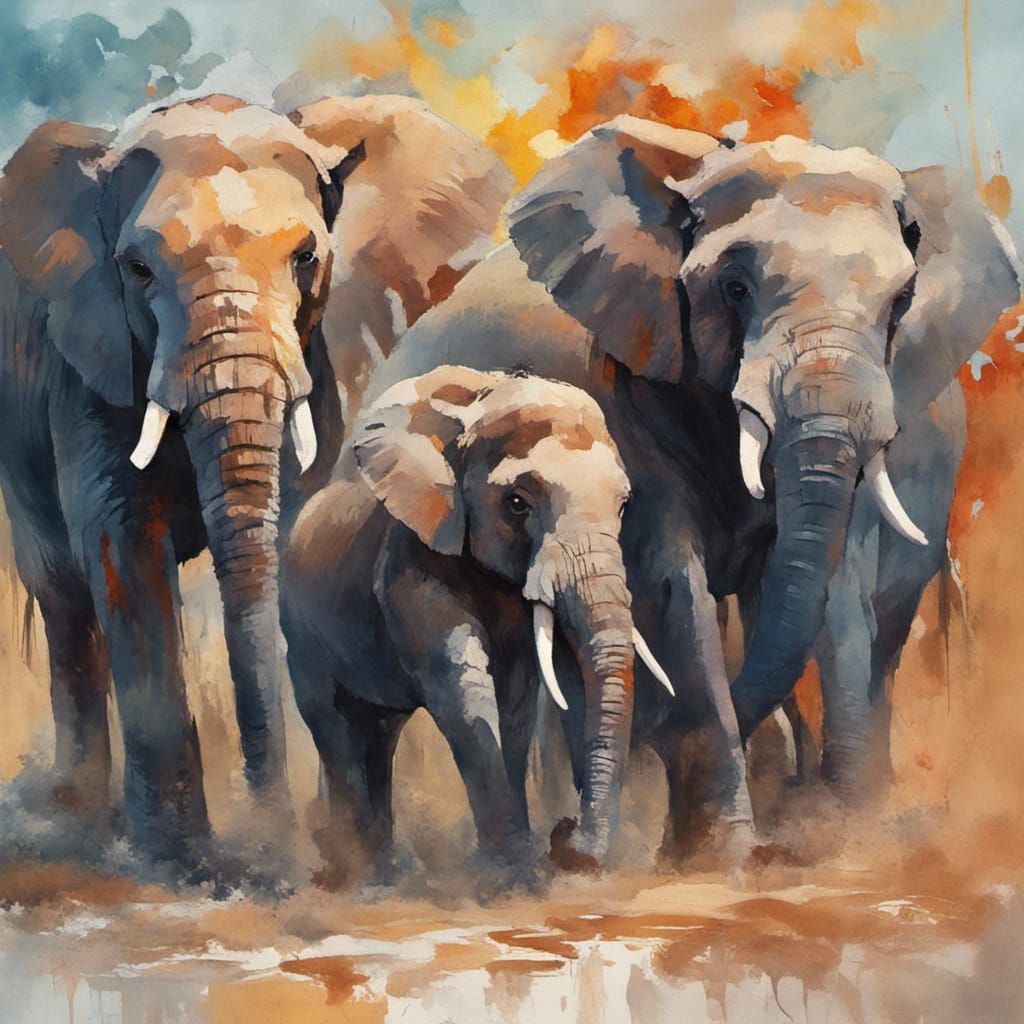 Elephants in Gouache Watercolor Impressionist Style