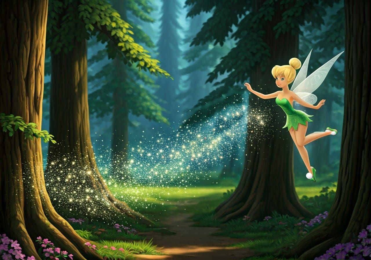 Tinkerbell Flying Through Trees with Fairy Dust