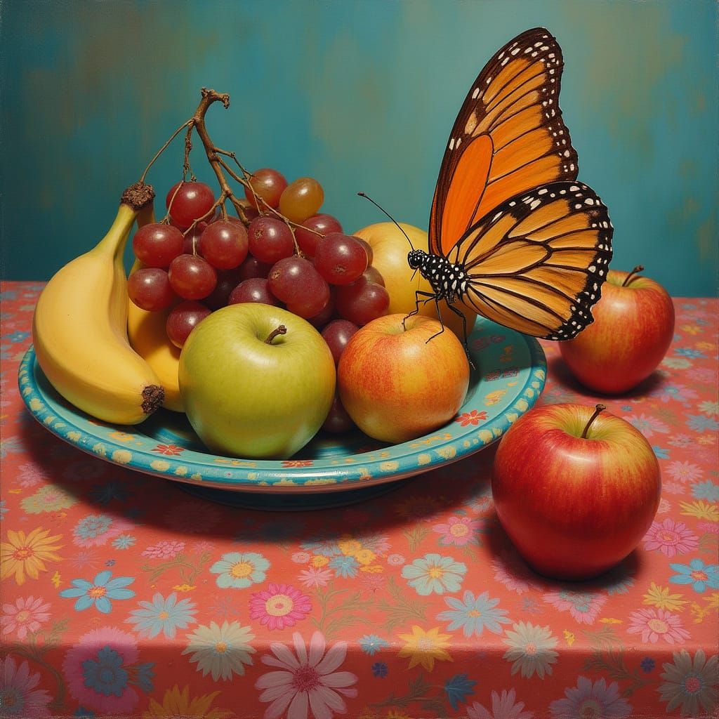 Butterfly on a Fruit Still Life in Realistic Style