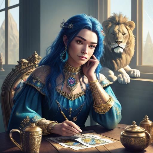 Tarot Reader with Lion in Candy Art Style
