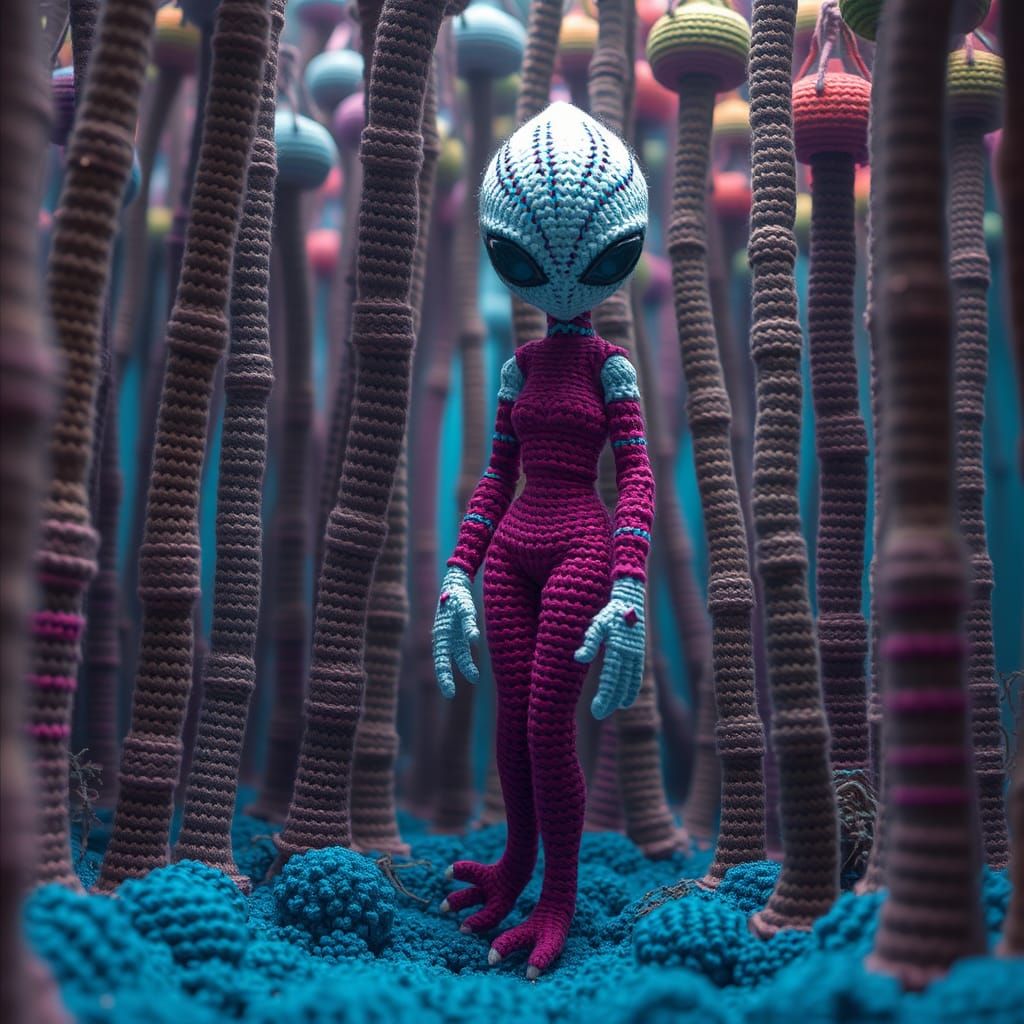 Intricate Crochet Alien in Underwater Sci-Fi World
