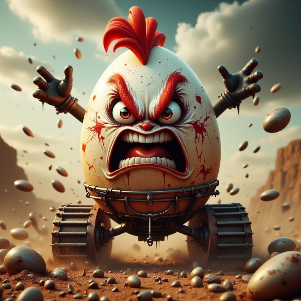 Chibi Rooster Races Egg Tank in Apocalyptic Wasteland