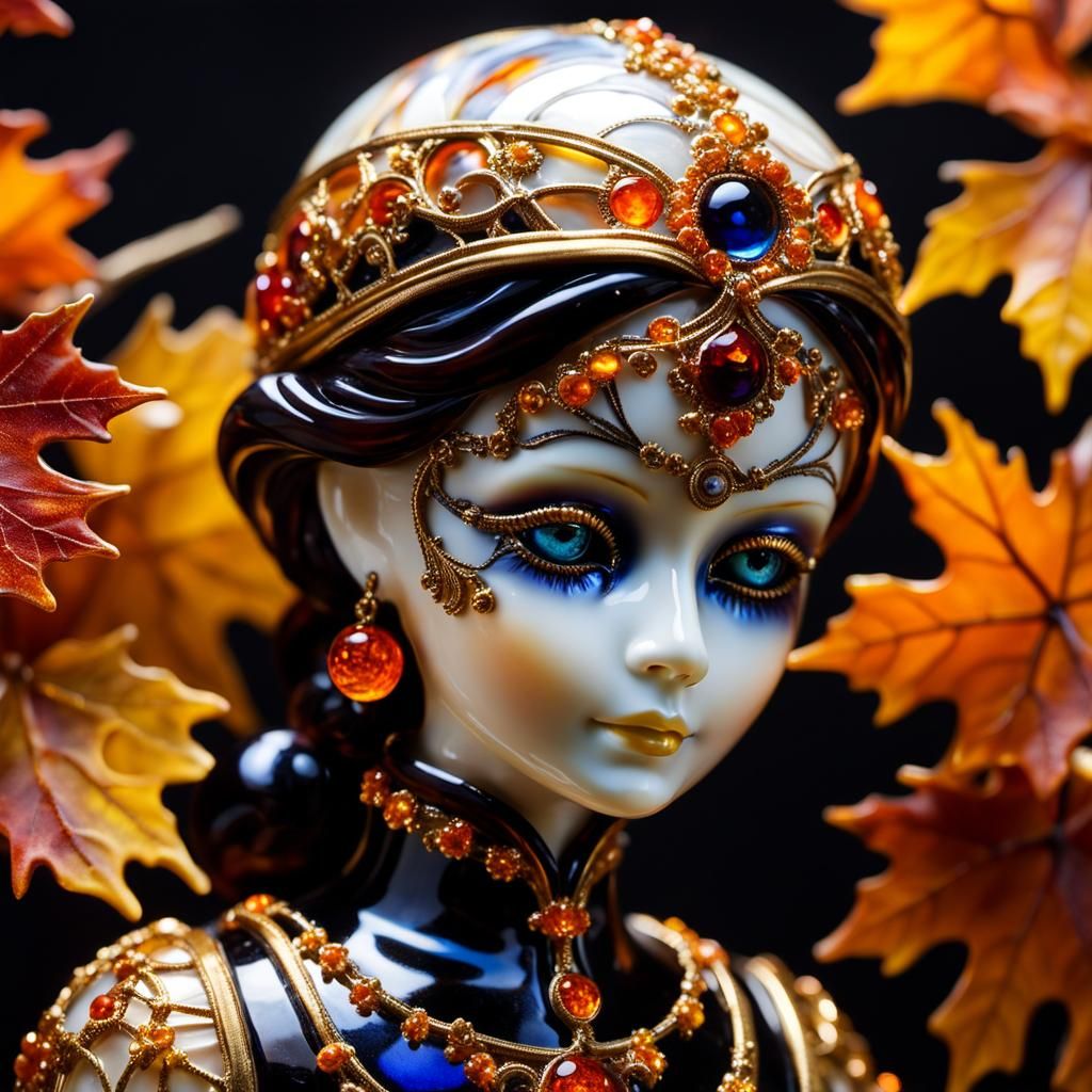 Cracked Porcelain Doll Figurine in Stained Glass Style