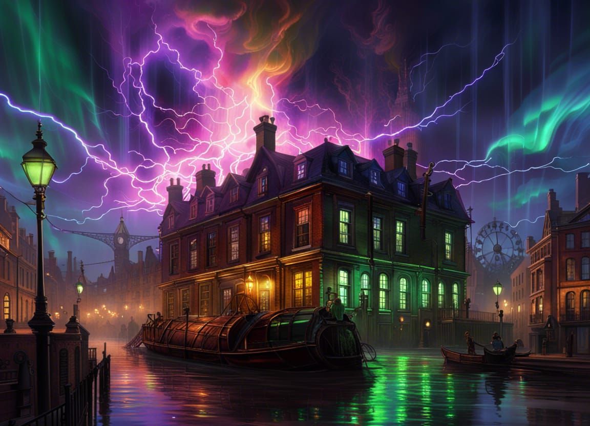 Aurora Borealis Storm Over Steampunk London