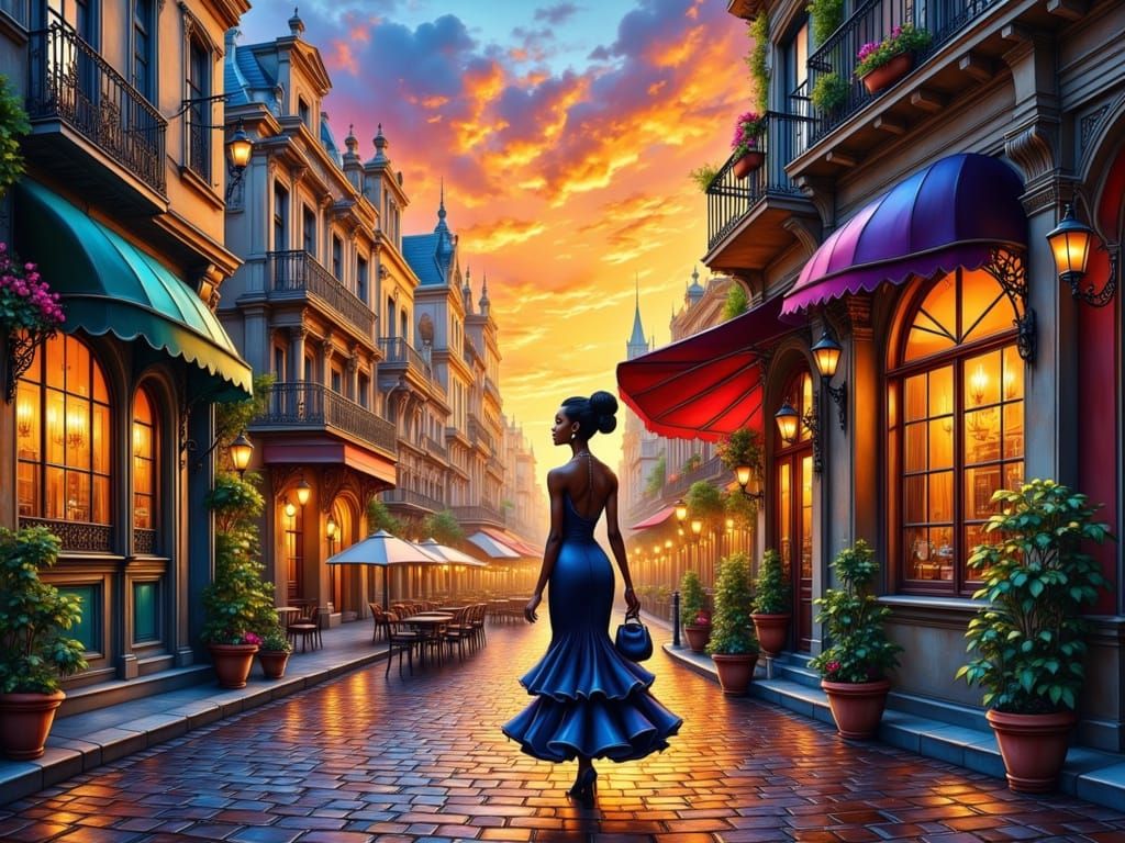 Black Woman in Paris Sunrise, Dark Romanticism Style