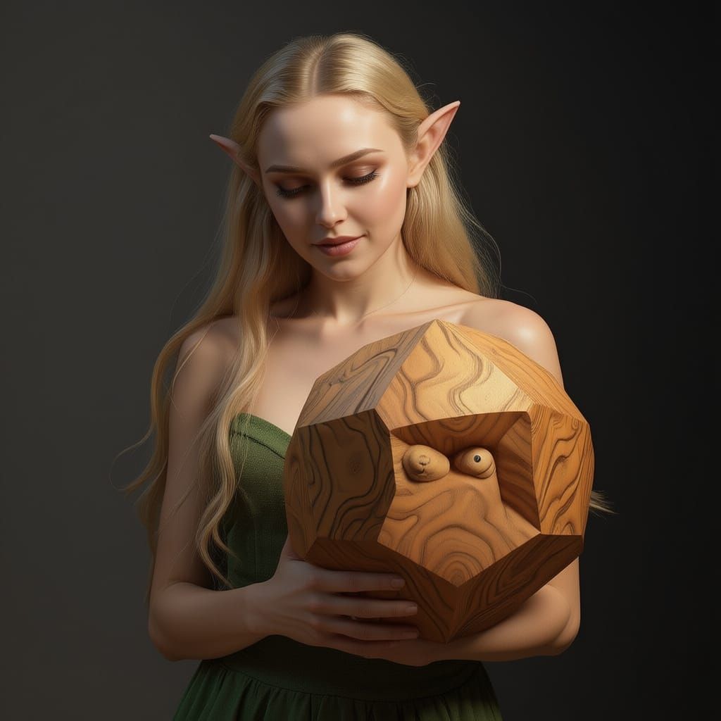 Hyperrealistic Wooden Cube with Dark Glow in Studio