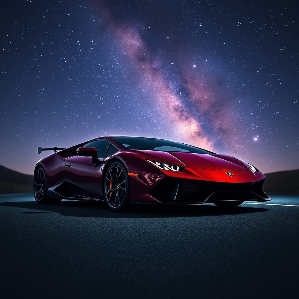 Burgundy Lamborghini Under a Starry Night Sky