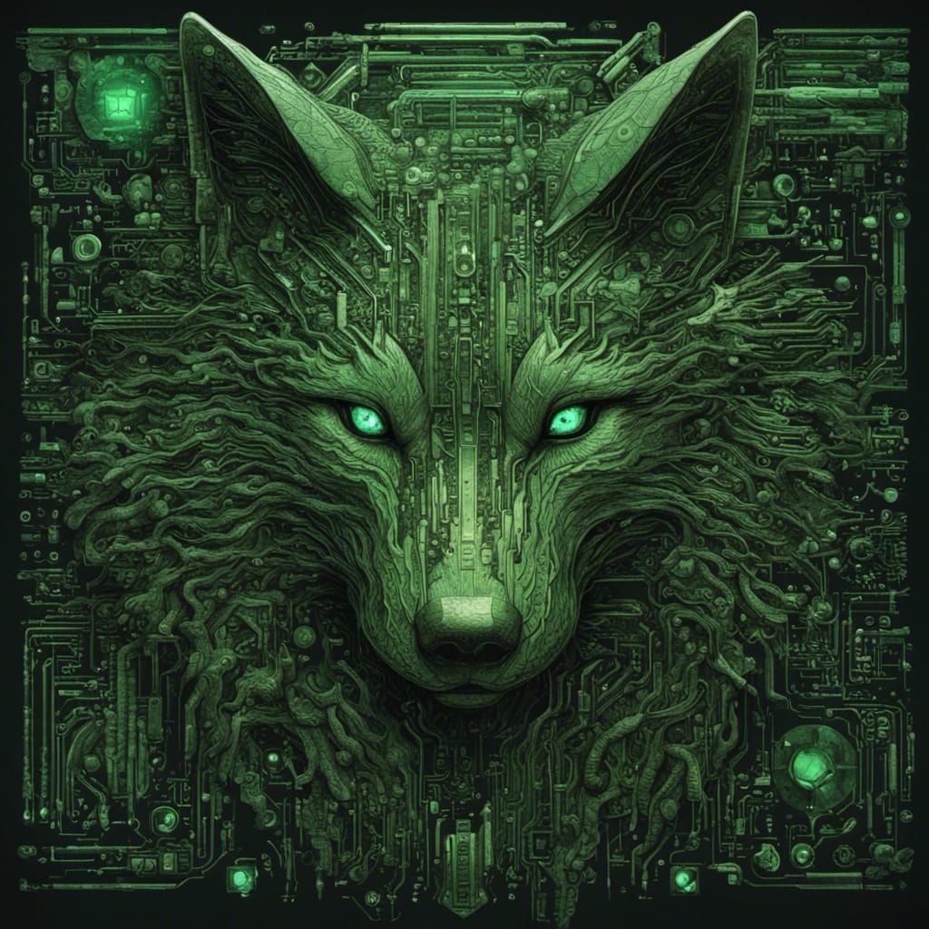 Green Computer Code Pixel Wolf on Black Background
