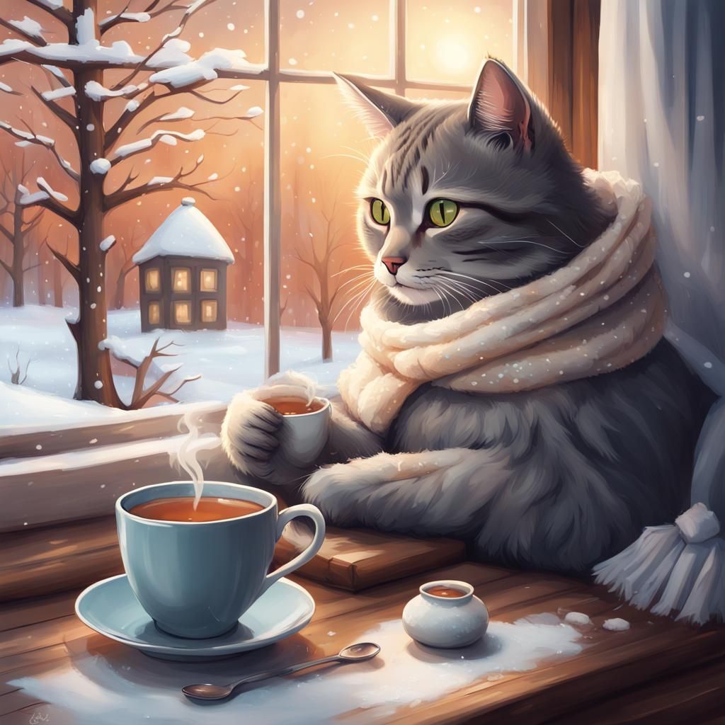 Cozy Cat Enjoying Winter Tea: Digital Matte Painting