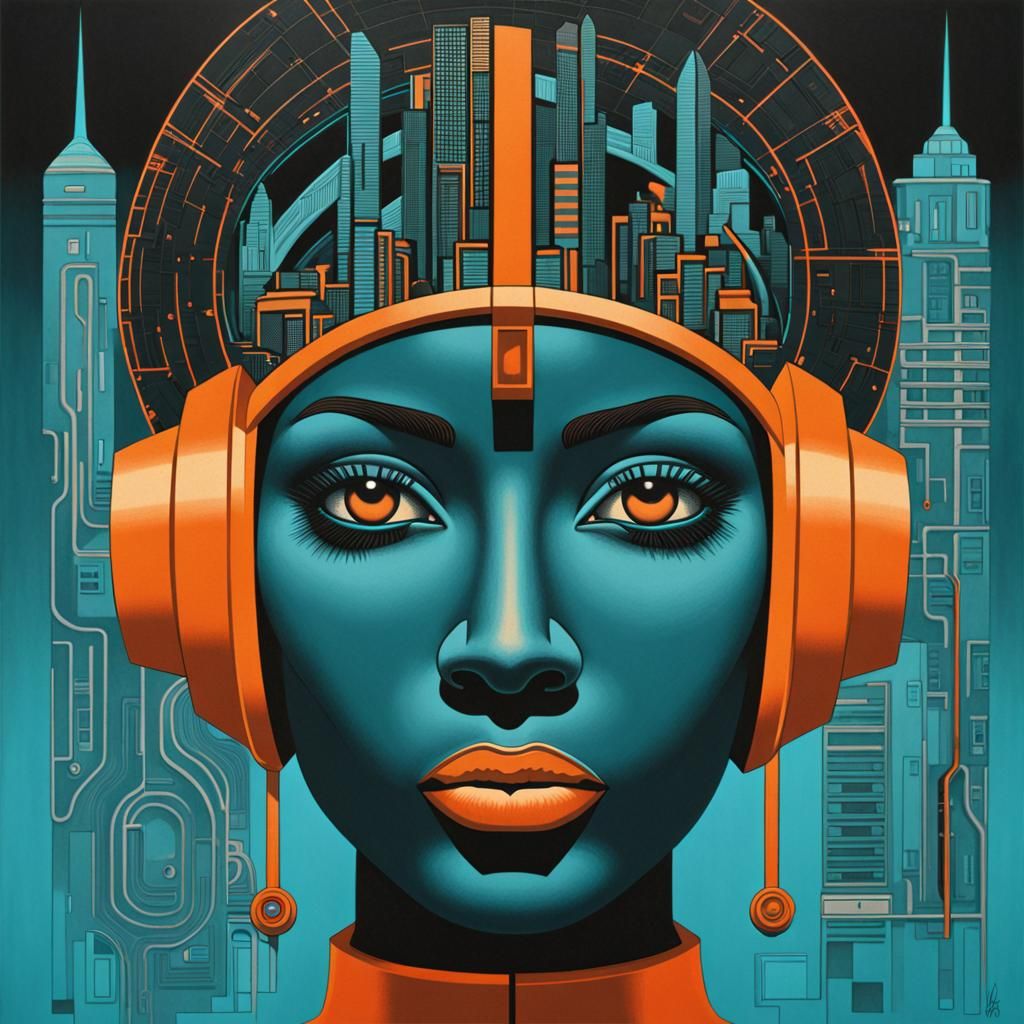 Afrofuturist Female Portrait in Cyan and Orange