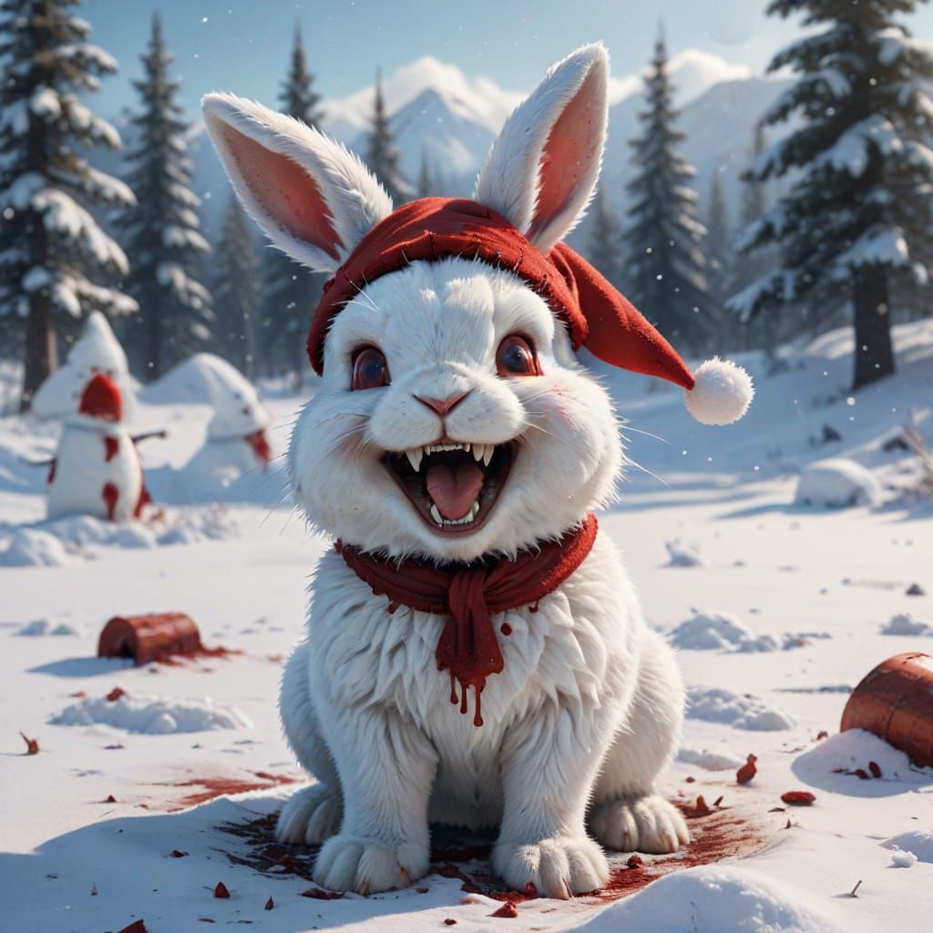 Malicious Bunny with Bloody Grin in Winter