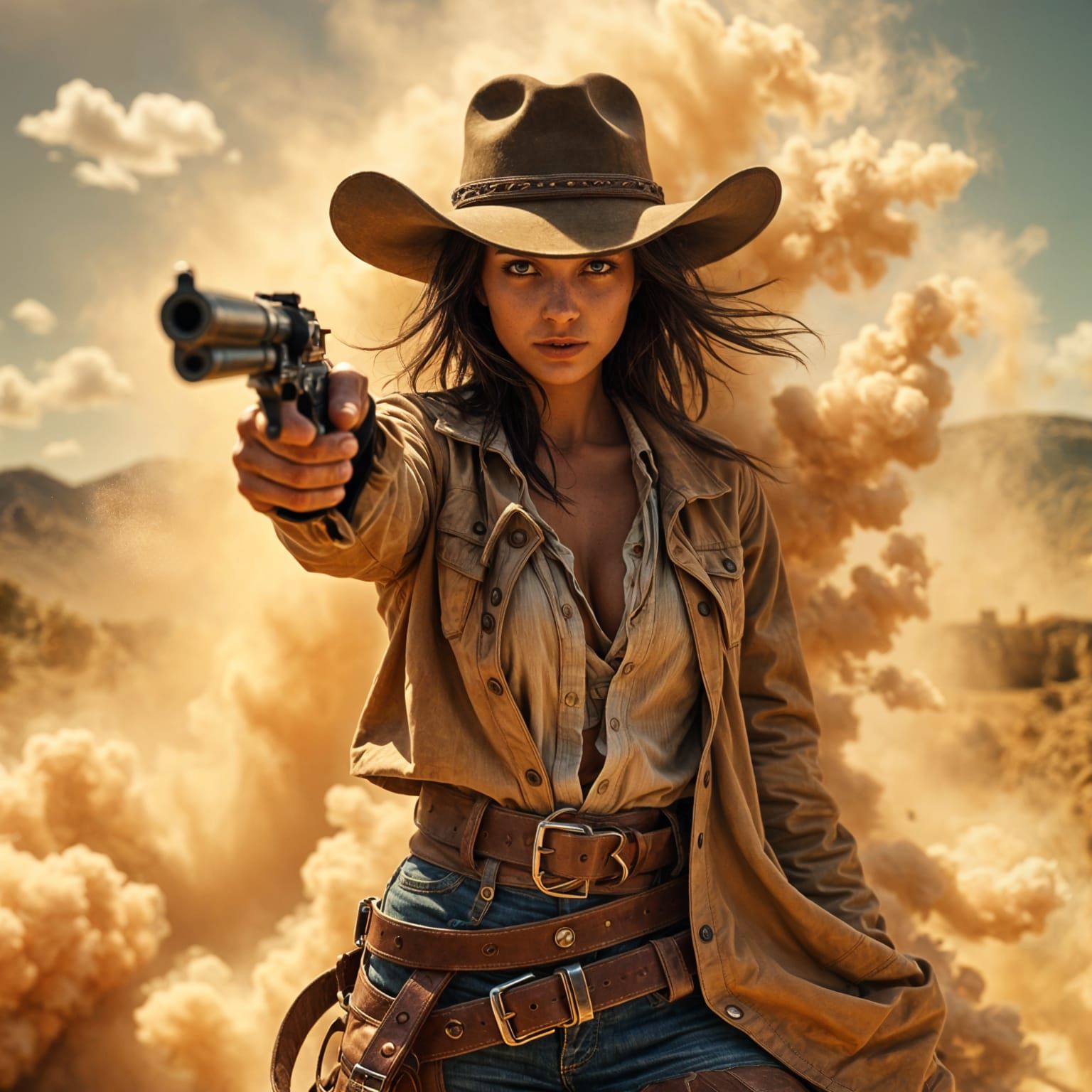 Hyper-Realistic Old West Cowgirl in Dusty, Cinematic Standof...