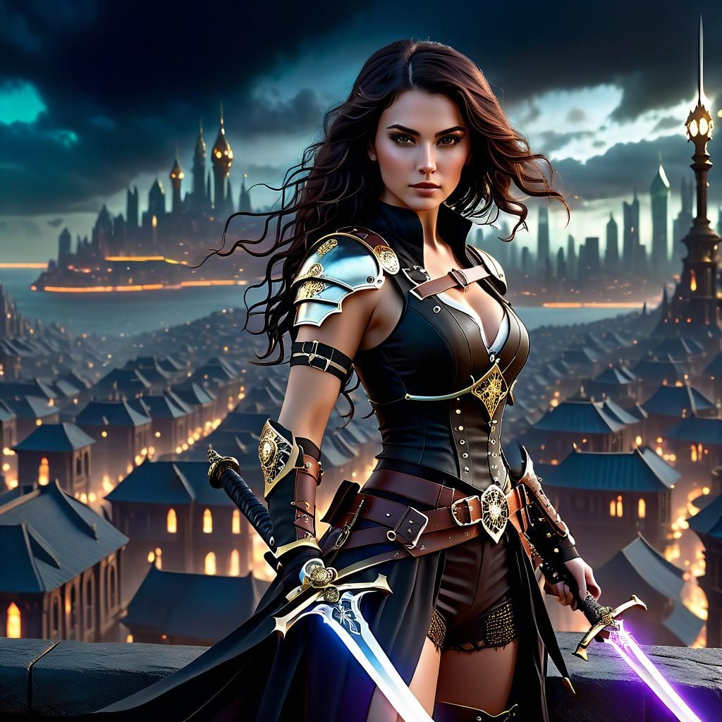 Steampunk Woman with Swords in Wild West Setting