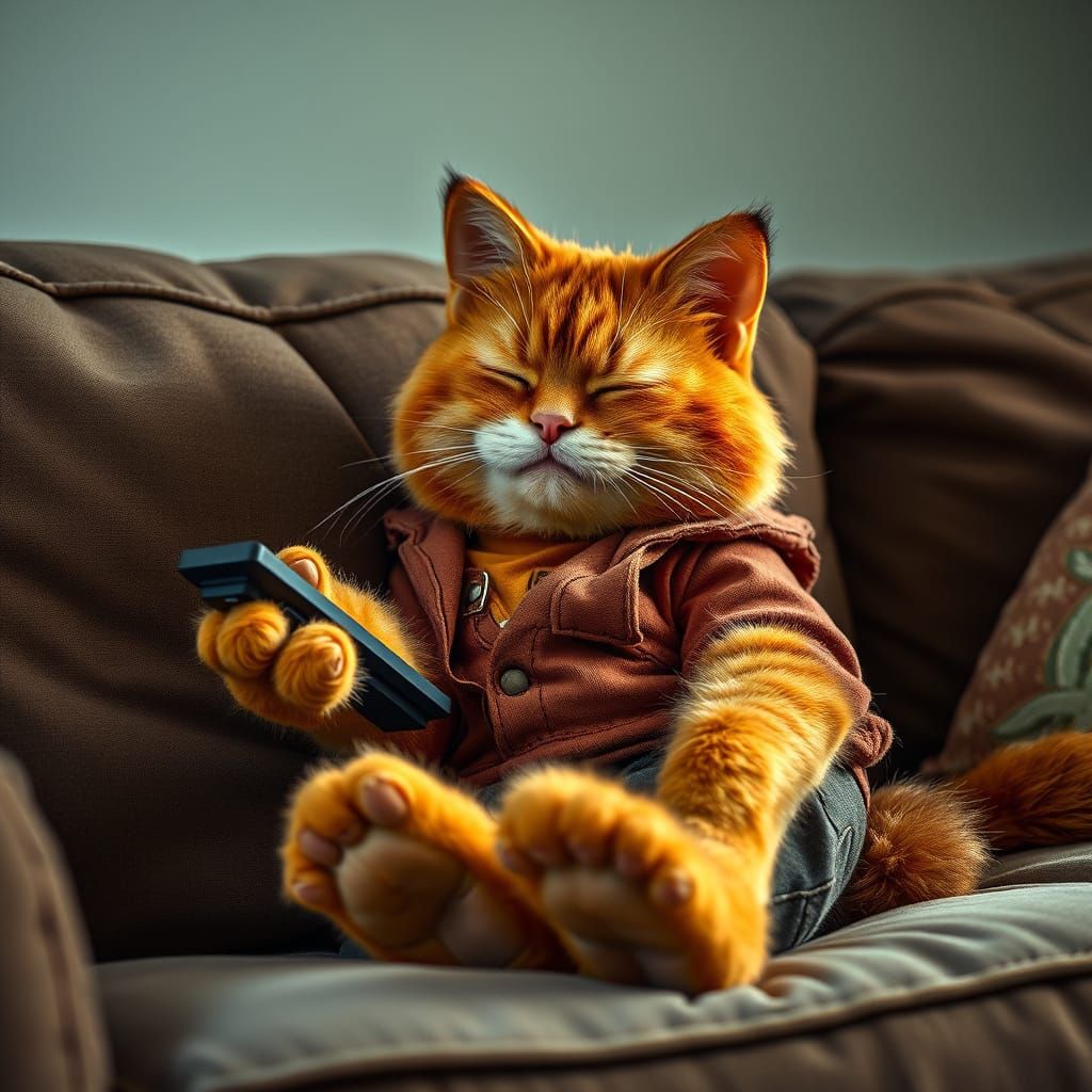 Realistic Live-Action Garfield Lounging on a Couch