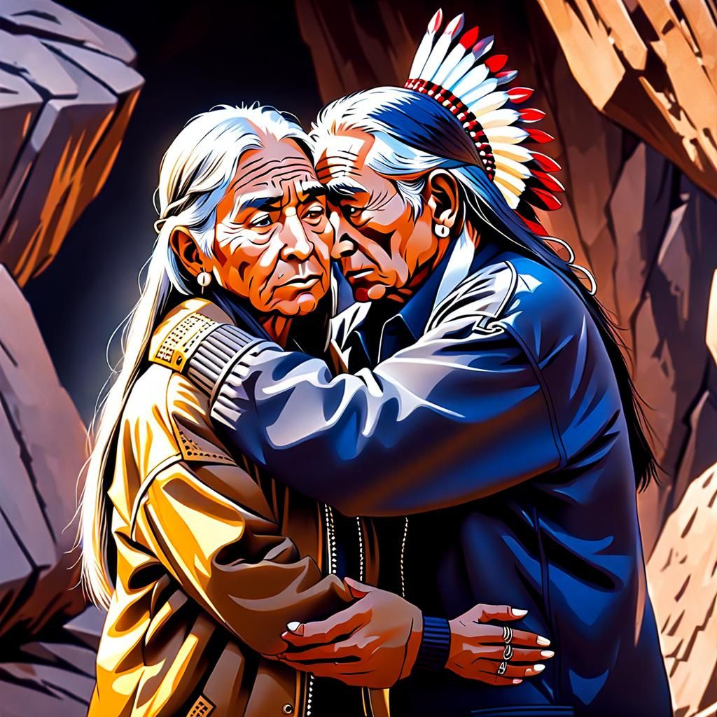 Worried Native American Man's Tender Embrace