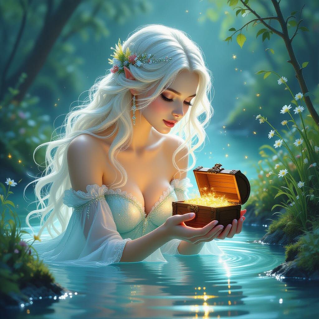 Water Nymph with Treasure Chest in Oil Painting Style