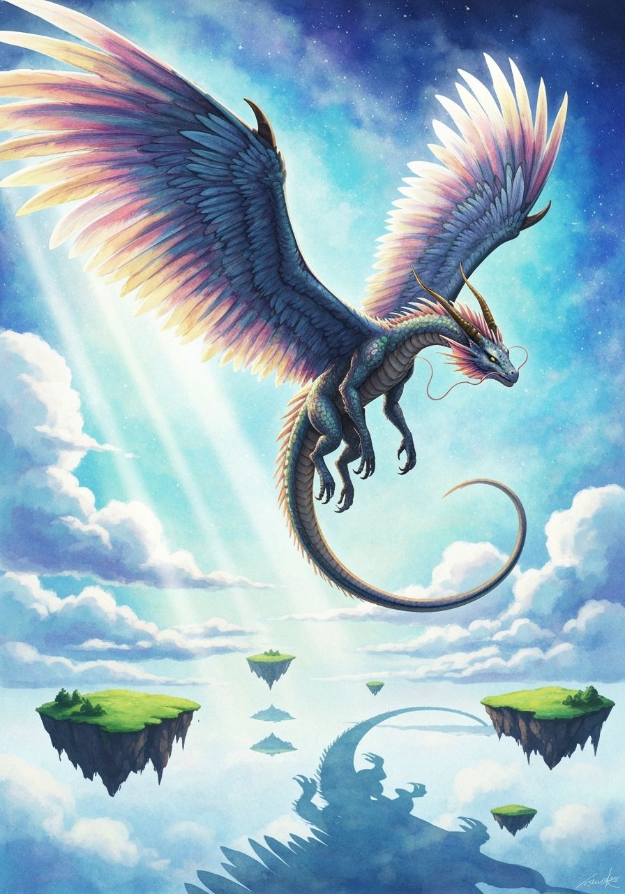 Feathered Dragon Soaring in a Vibrant Sky