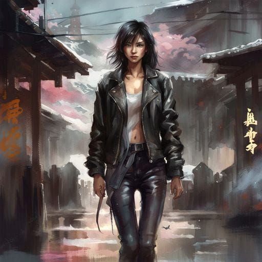 Modern Japanese Girl in Leather Jacket, Royo Style
