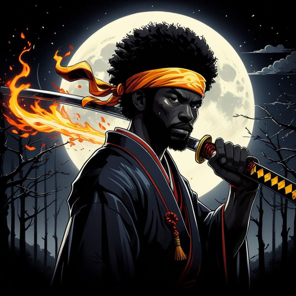 Afro Samurai in Neon-Lit Feudal Village