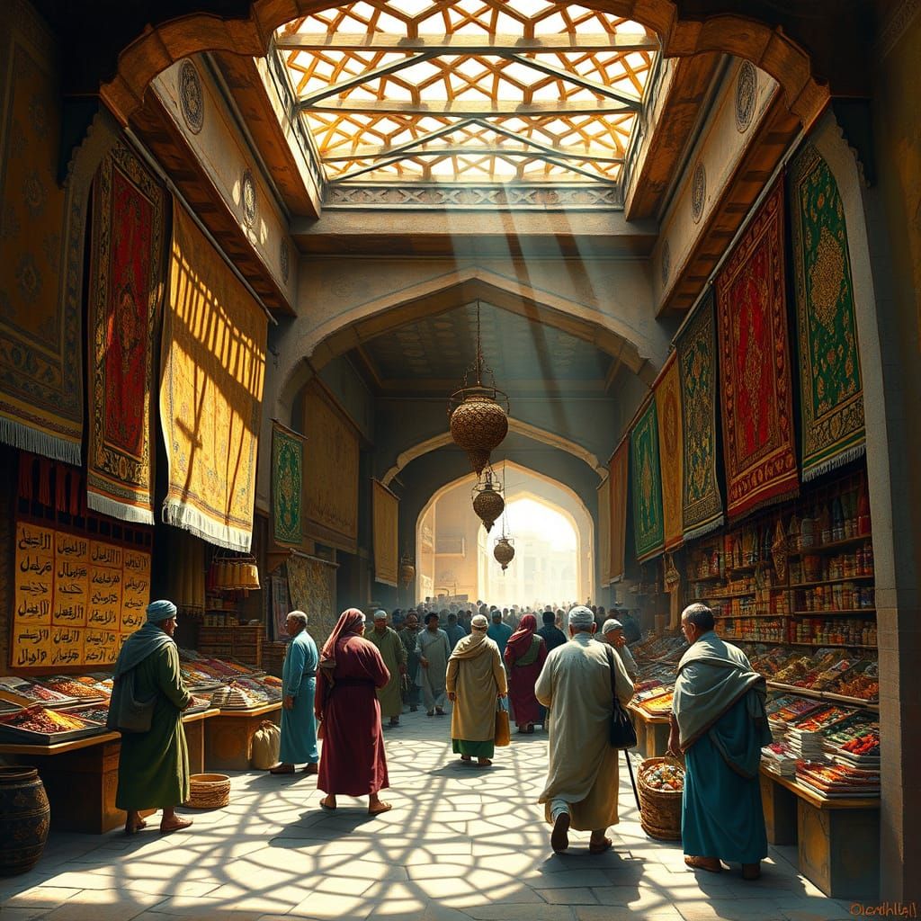Ancient Damascus Marketplace in Islamic Miniature Style