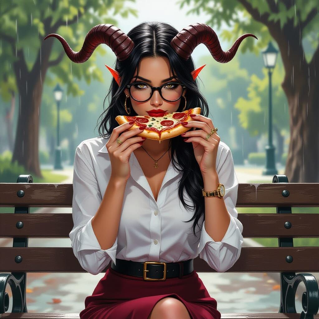 Tiefling Woman Enjoys Pizza, Fantasy Oil Painting