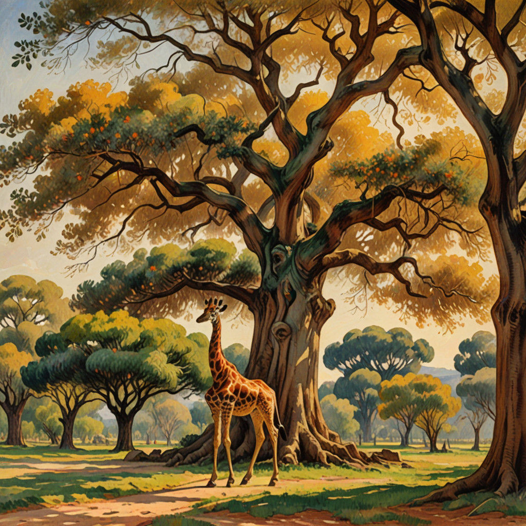 Regal Giraffe Amidst Banyan Tree in Earthy Tones