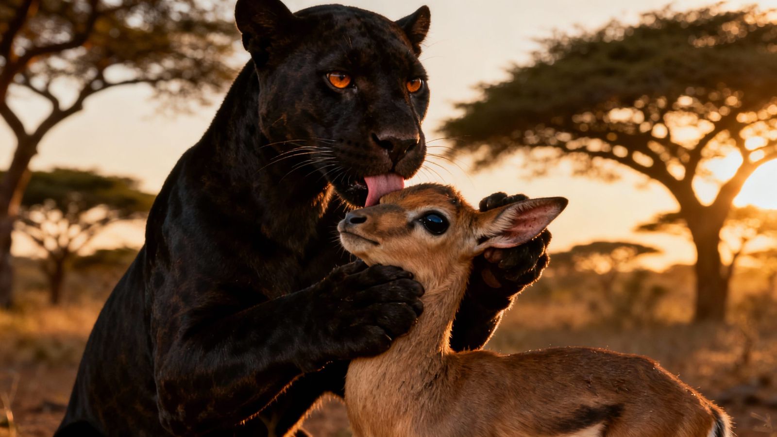 Black Panther Nurtures Baby Antelope in Africa
