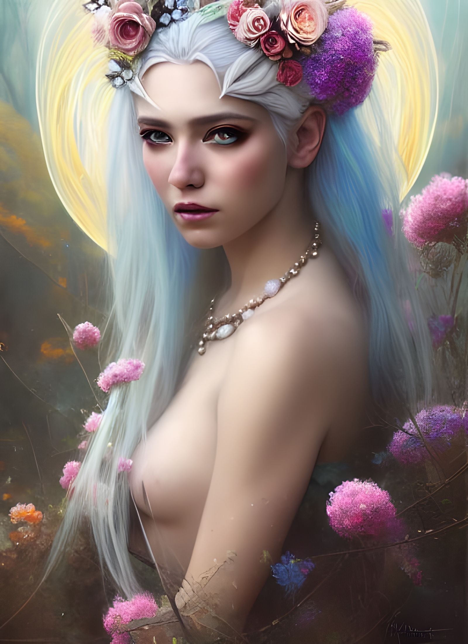Princess with White Hair and Flowers Portrait