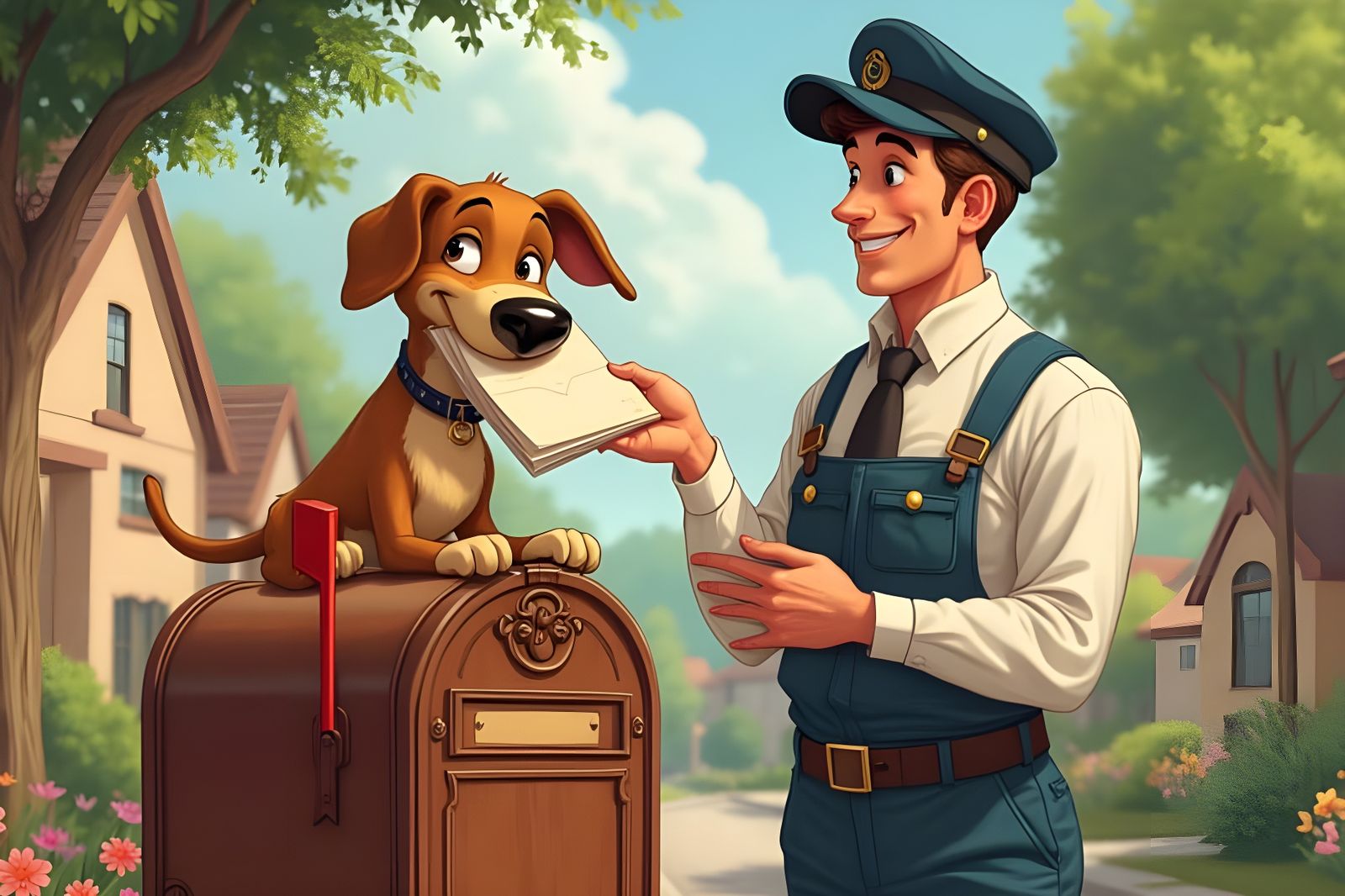 Dog Helps Mail Carrier Deliver Letters in Whimsical Style