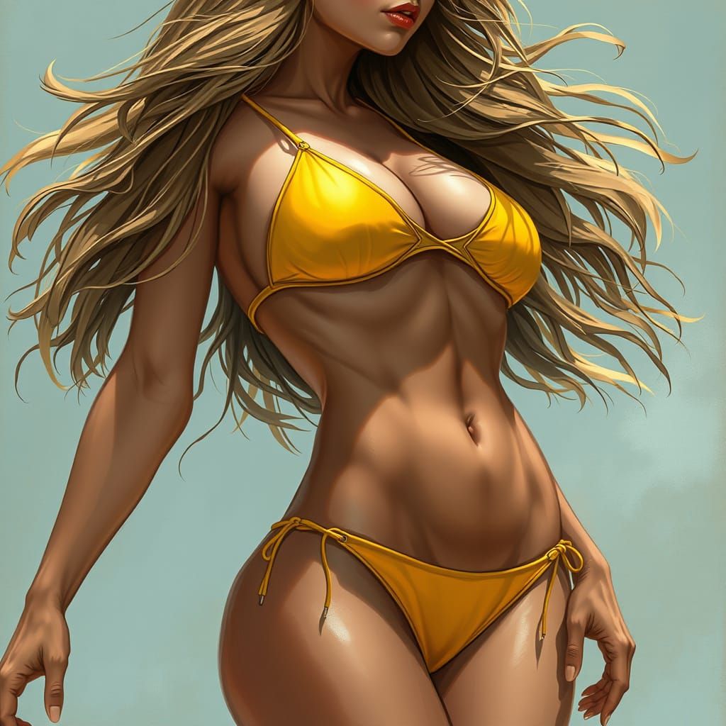 Hyper-Realistic Curvaceous Woman in Bikini with Shaggy Hair