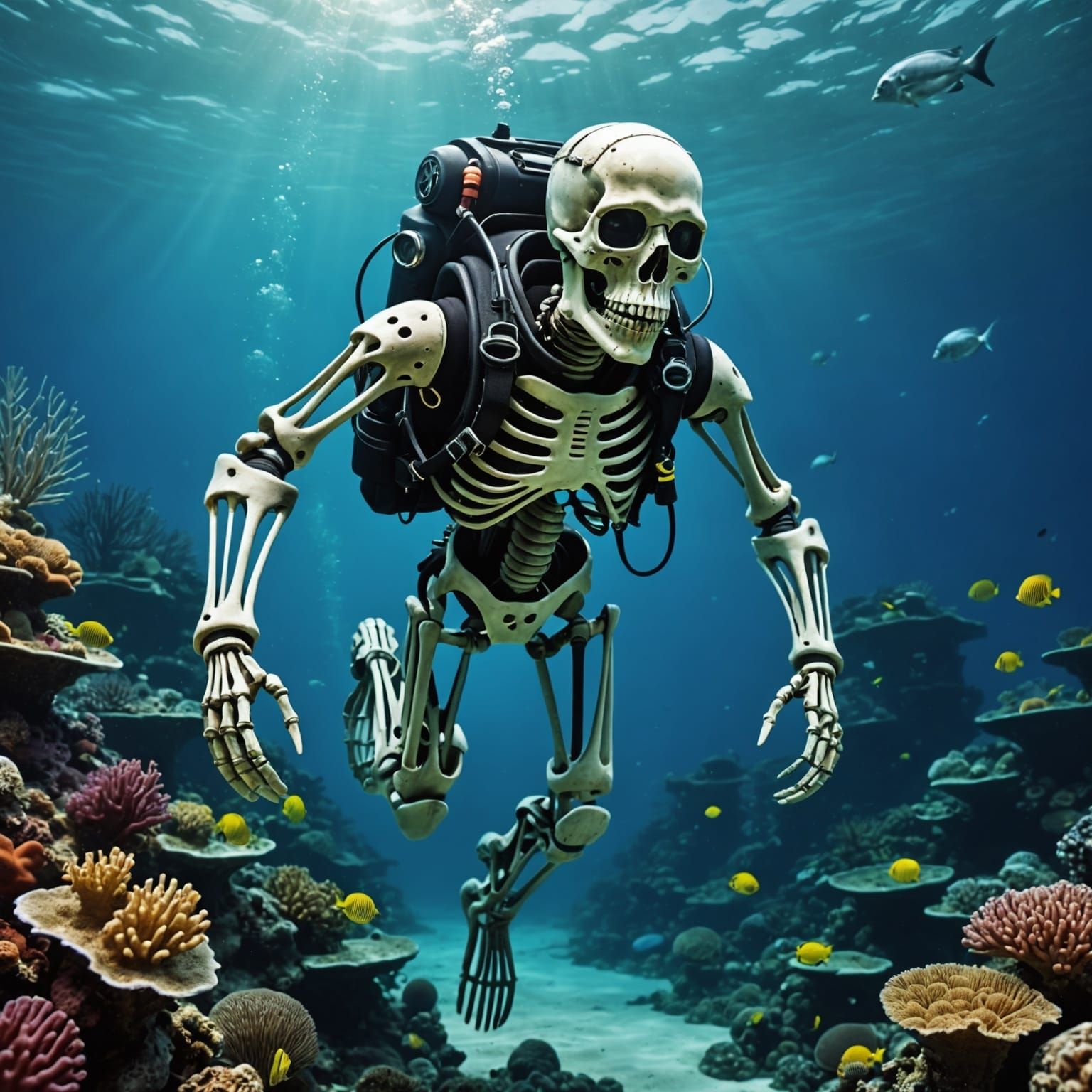 Underwater Skeleton Scuba Diver in Deep Sea