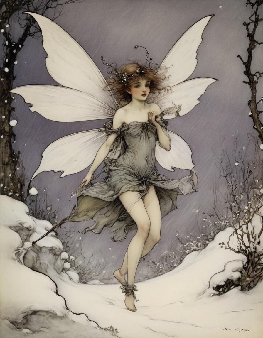 Whimsical Mauve Fairy Amidst Snowy Landscape