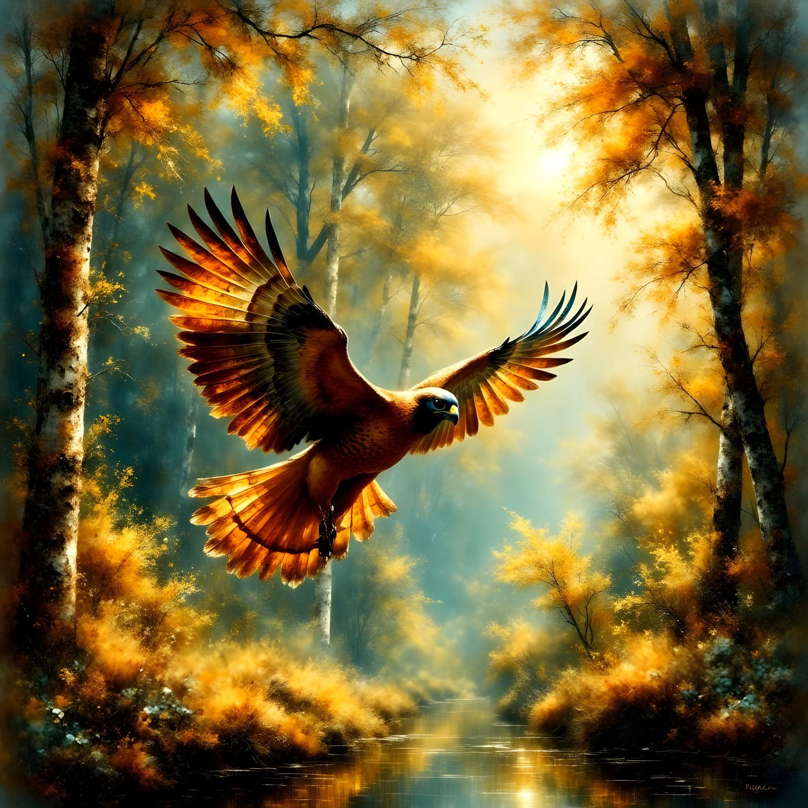 Majestic Falcon in Flight Over Forest in Dreamy Landscape