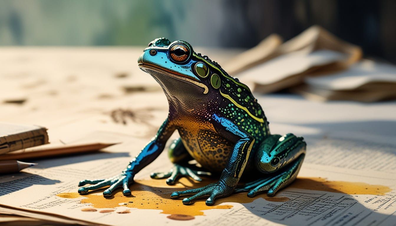 Surprised Frog on Antique Paper with Ink Splatters