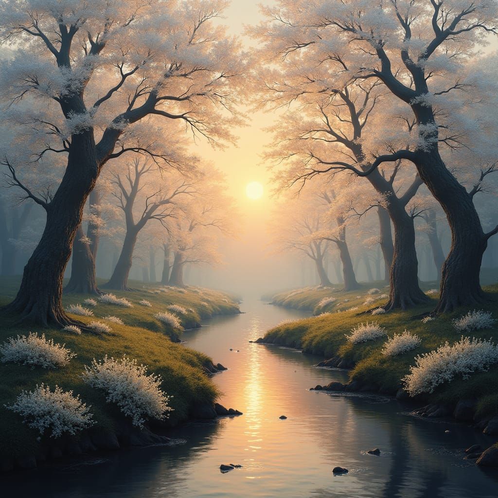 Sunrise Valley: White Blossoms in an Epic Landscape