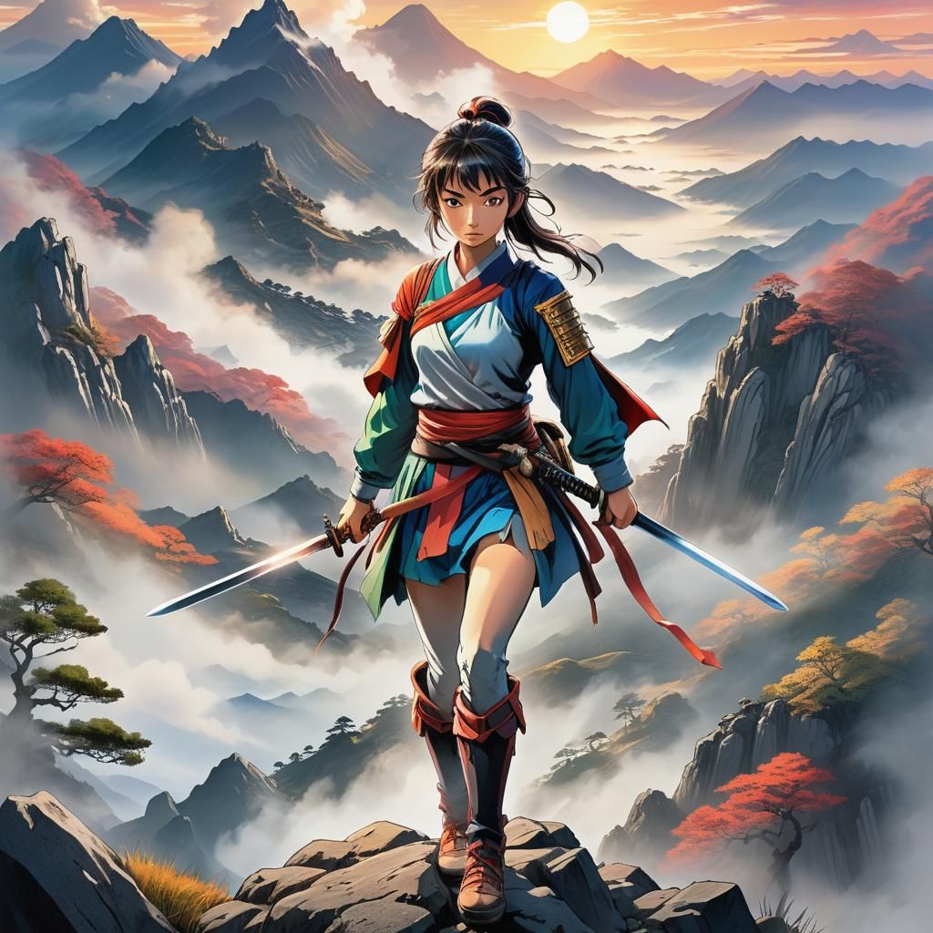 Manga Style Woman Warrior in Misty Mountains
